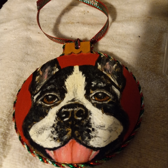 Handmade, &handpainted boston terrier on wood Xmas ornament with hanging ribbon. - Picture 2 of 2